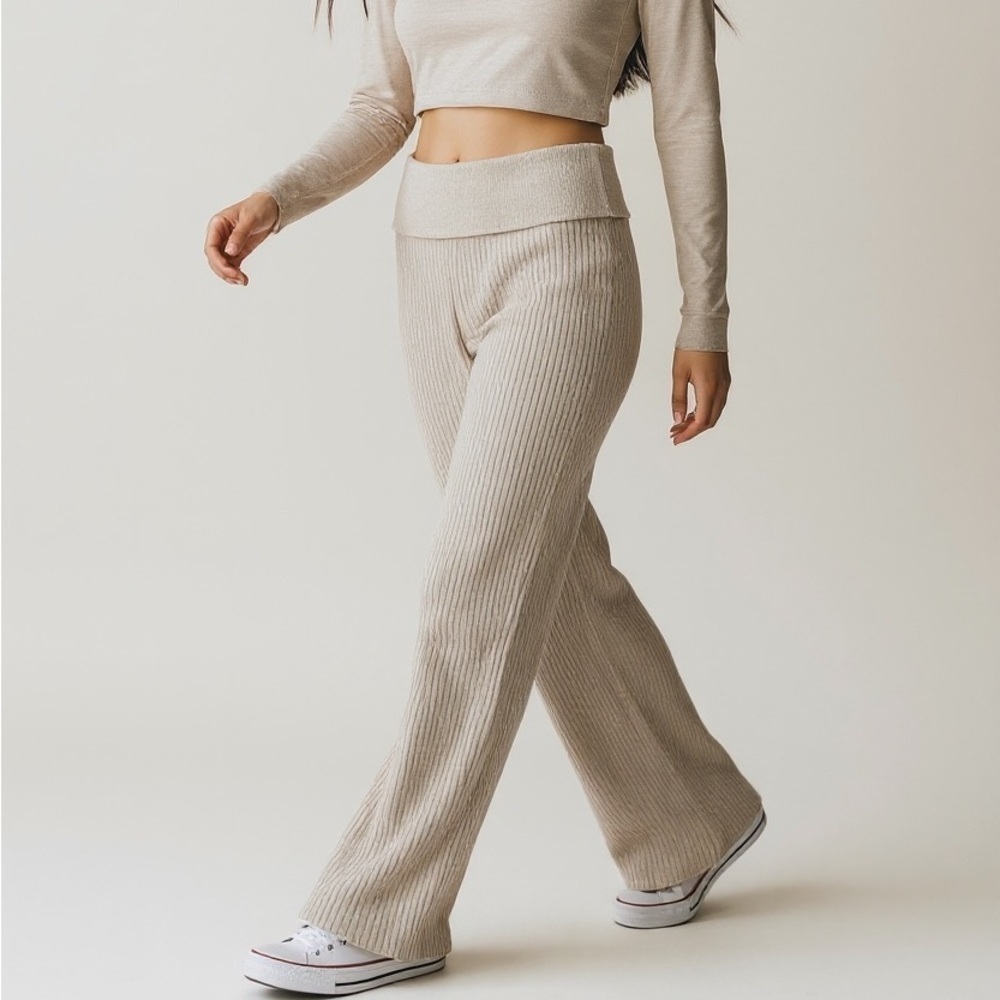 Aerie Sweater Knit High Waist Fold Over Flare Leg Lounge Pants Size M NWT